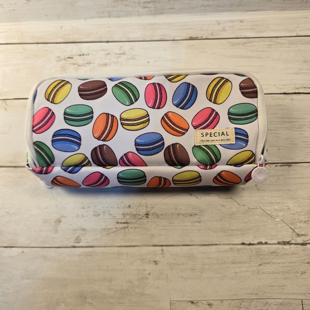 Angoo Special Macaron Print Pencil Case Multi-Compartment Pouch White Canvas